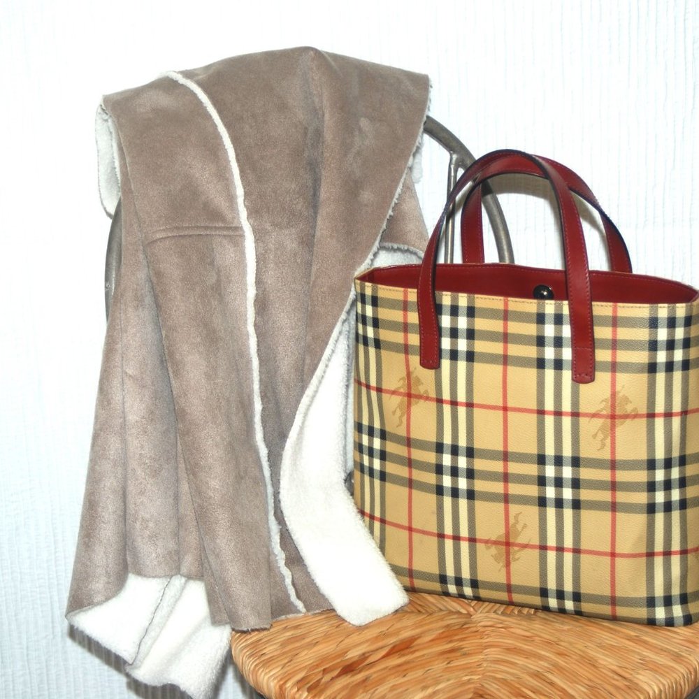 BURBERRY House Check Hand Tote Bag Beige Black Canvas Leather
